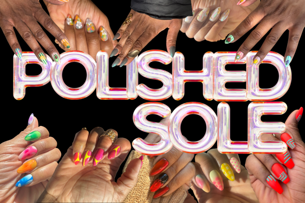 Multiple hands with diverse skin tones reaching inward to display a variety of colorful DIY press-on nail sets against a black background, featuring designs including fruit motifs, abstract swirls, florals, geometric patterns, and bold color-blocked styles; iridescent bubble letter text reads "Polished Sole"